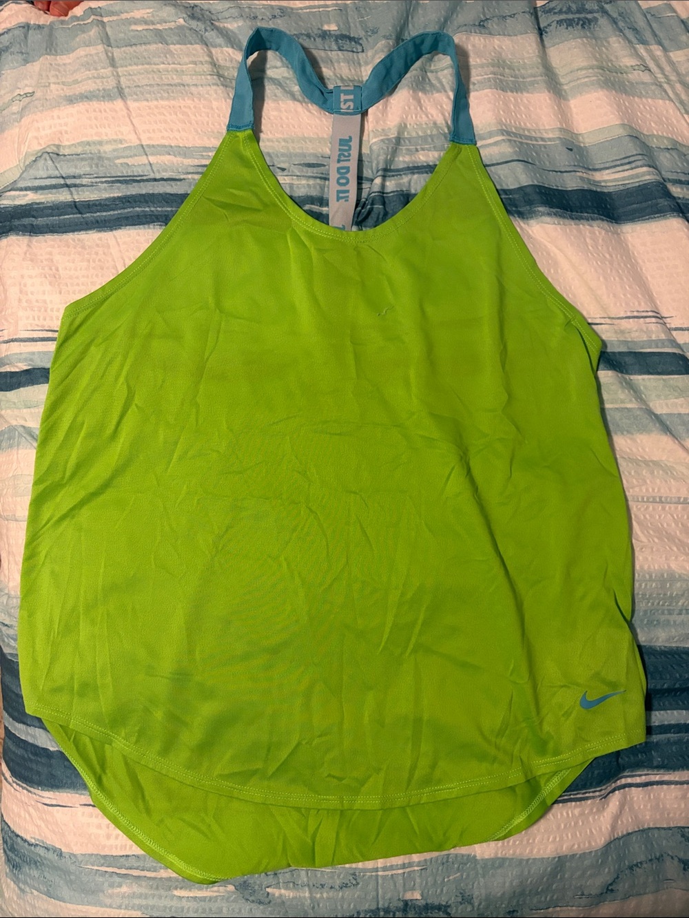 Nike Neon Green Racerback Tank with Light Blue Strap-Size L